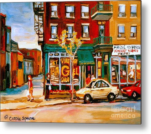 Montreal Metal Print featuring the painting Paintings Of Famous Montreal Places St. Viateur Bagel City Scene by Carole Spandau