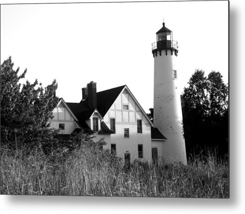 Black And White Metal Print featuring the photograph Point Iroquois Lighthouse in B/W by Sharon McLain