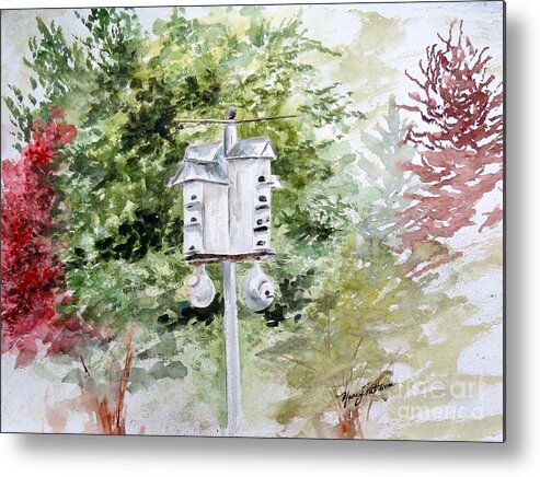 Purple Martin Bird House Metal Print featuring the painting Purple Martin Townhouse by Nancy Patterson