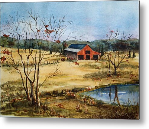 Made In The Usa Metal Print featuring the painting Red Barn in the Fall by Carole Powell