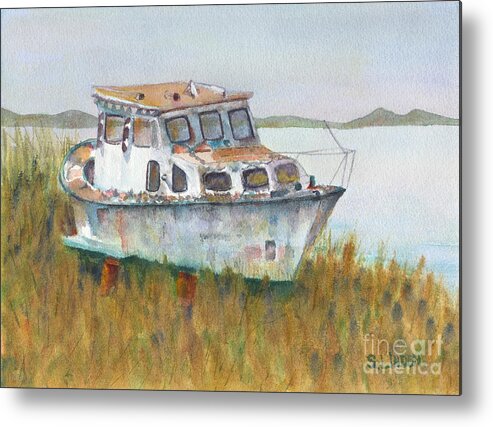 Boats-small Boats - Power Boats-derelict Boats Metal Print featuring the painting Retired by Sandy Linden