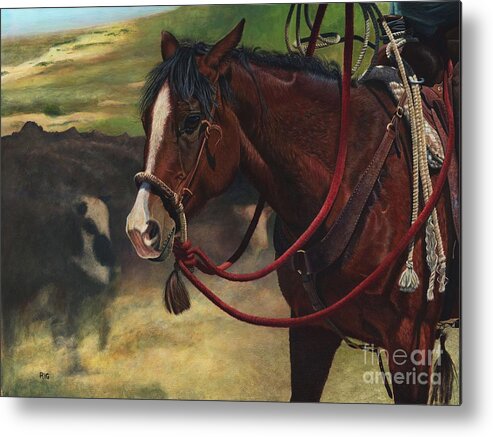Working Cow Horse Metal Print featuring the painting Rope Ready by Rosellen Westerhoff