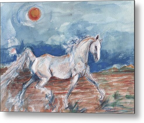 White Horse Metal Print featuring the painting Running horse by Mary Armstrong