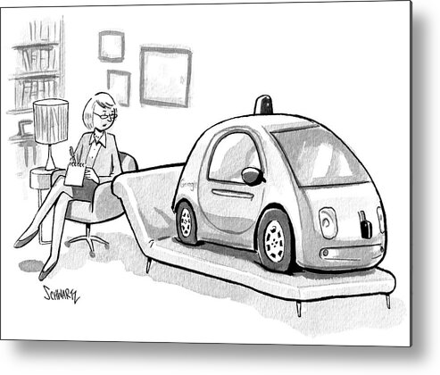 Google Car Metal Print featuring the drawing Self Driving Car In Therapist's Office by Benjamin Schwartz