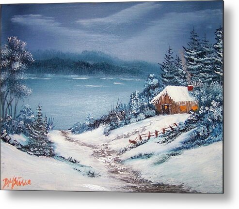 Landscape Metal Print featuring the painting Shelter in the Snow by Dina Sierra
