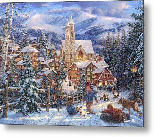Christmas Village Metal Print featuring the painting Sledding to Town by Chuck Pinson