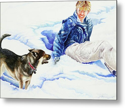 Snow Metal Print featuring the painting Snow Play Sadie and Andrew by Carolyn Coffey Wallace