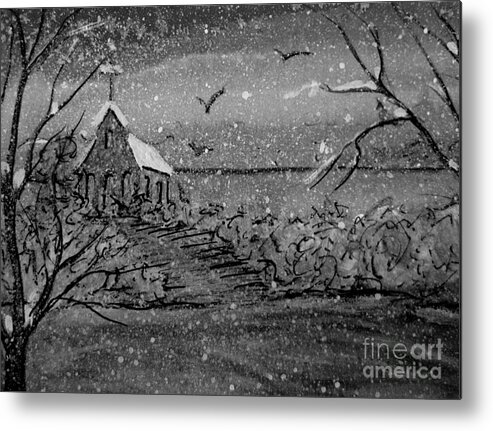 Church Metal Print featuring the painting Snowy Church Night by Gretchen Allen