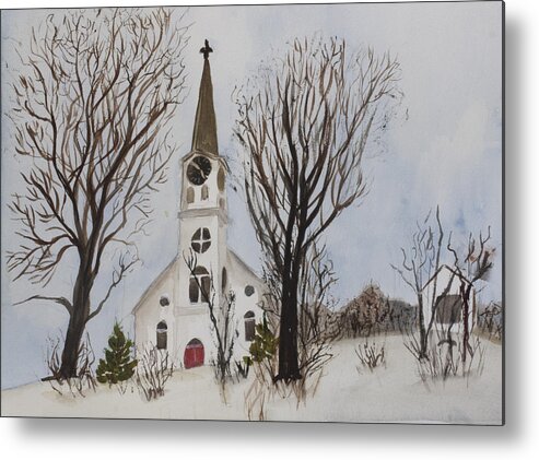 St. Pauls Metal Print featuring the painting St. Pauls Church in Barton VT in Winter by Donna Walsh