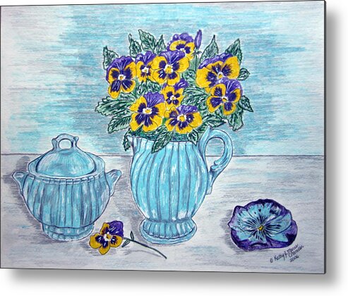 Stangl Pottery Metal Print featuring the painting Stangl Pottery and Pansies by Kathy Marrs Chandler