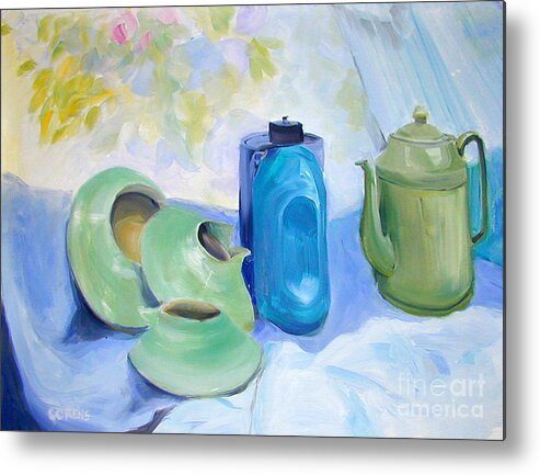 Greta Corens Metal Print featuring the painting Oil Painting Still Life Study of Blue and Green Pottery by Greta Corens