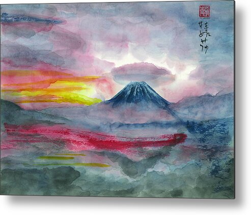 Japanese Metal Print featuring the painting Sun Salutation at Mt. Fuji by Terri Harris
