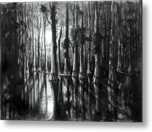 Landscape Metal Print featuring the drawing Swamp at Night by William Underwood