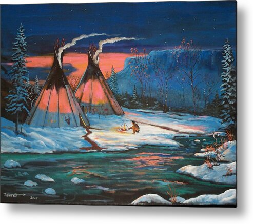 Indian Metal Print featuring the painting The Campsite by Dave Farrow