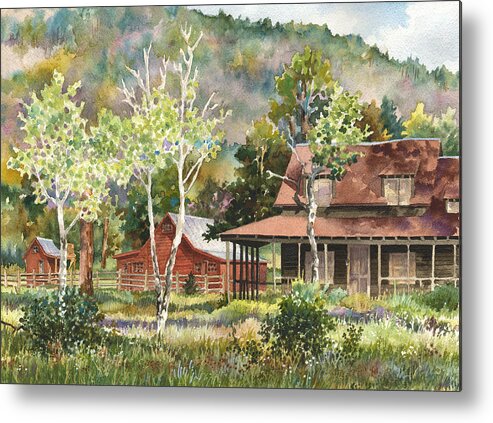 Barn Painting Metal Print featuring the painting The DeLonde Homestead at Caribou Ranch by Anne Gifford