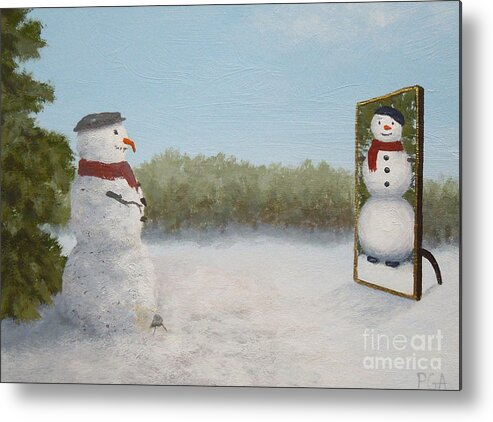 Snowman Metal Print featuring the painting The Right Mirror by Phyllis Andrews