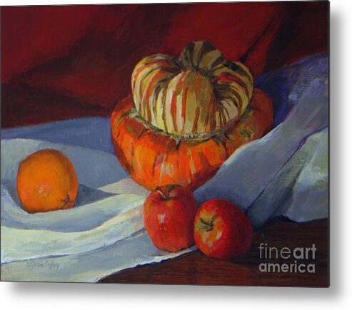 Still Life Metal Print featuring the painting Turban Squash and Friends by Joan Coffey