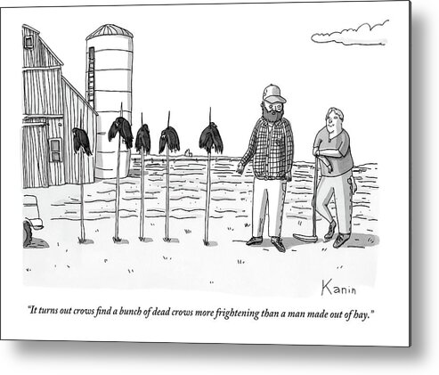 Two Farmers Stand Next Two Five Dead Crows On Sticks. Scarecrows Metal Print featuring the drawing Two Farmers Stand Next Two Five Dead Crows by Zachary Kanin