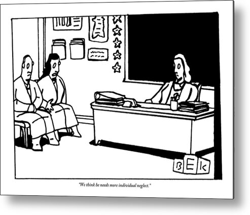Schools Metal Print featuring the drawing Two Middle-class Parents Sitting At Teacher's by Bruce Eric Kaplan