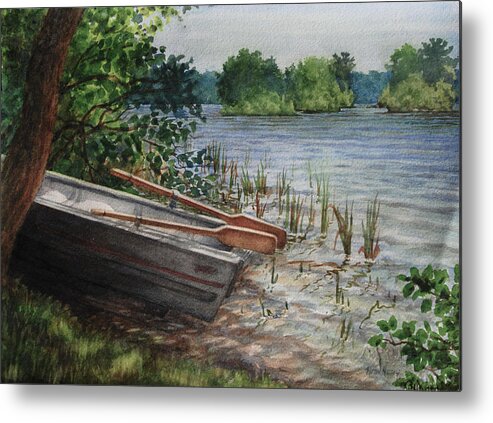 Landscape Metal Print featuring the painting Waiting Boat by Heidi E Nelson