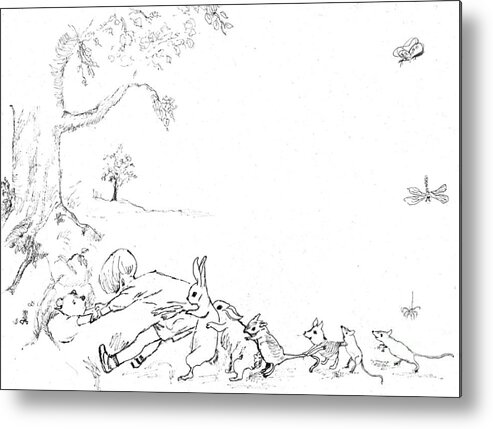 Winnie The Pooh Metal Print featuring the painting Winnie the Pooh and Crew in Pen and Ink after E H Shepard by Maria Hunt