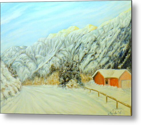 White Blue Yellow Green Brown Ochre Red Grey Violet Shadow Sunlight Clouds Mountains Sky Snow Road Fence Fenceposts Hill Trees Fir Pine Alder Winter Metal Print featuring the painting Winter Ride by Ida Eriksen