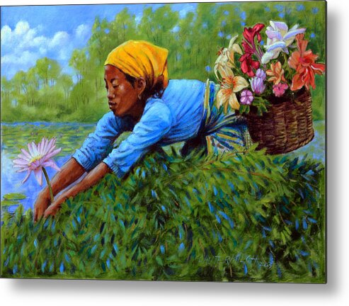 Woman Metal Print featuring the painting Woman Picking Flowers by John Lautermilch