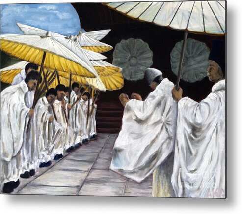 Umbrellas Metal Print featuring the painting 01148 Cermonial Umbrellas by AnneKarin Glass