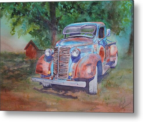 Old Truck Metal Print featuring the painting '38 Chevy by Ruth Kamenev