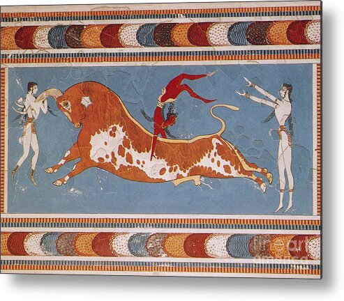 Figurative Art Metal Print featuring the photograph Bull-leaping Fresco From Minoan Culture by Photo Researchers