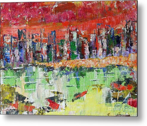 Red Metal Print featuring the painting City Sunset by Judith Espinoza