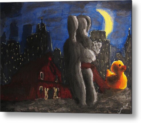Dancing Metal Print featuring the painting Dancing Figures with Barn Duck and Cityscape under the moonlight. by M Zimmerman