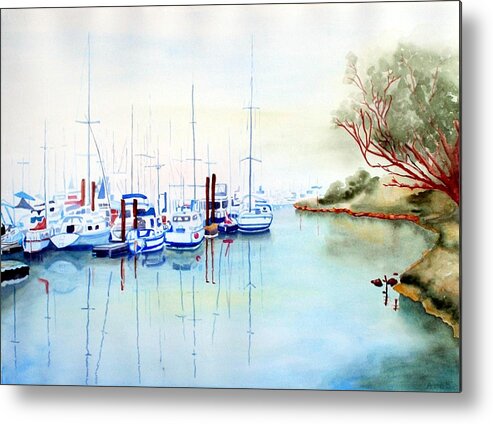 Watercolor Metal Print featuring the painting Foggy Day at Moss Landing by Gerald Carpenter