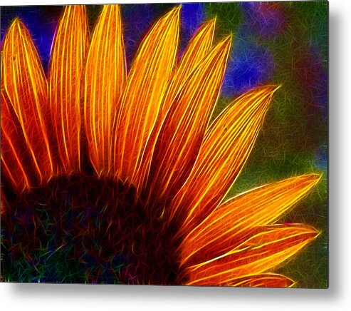 Fractallius Sunflower Sunflowers Flower Plant Garden Seeds Edible Food Nature Yellow Neon Glowing Petals Flower Prints Flower Images Sunflower Prints Metal Print featuring the photograph Glowing Sunflower by Lisa Stanley