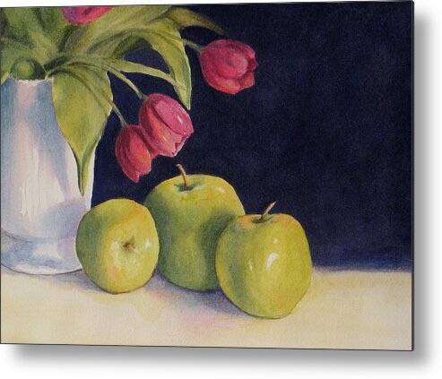 Green Apples Metal Print featuring the painting Green Apples with Tulips by Vikki Bouffard