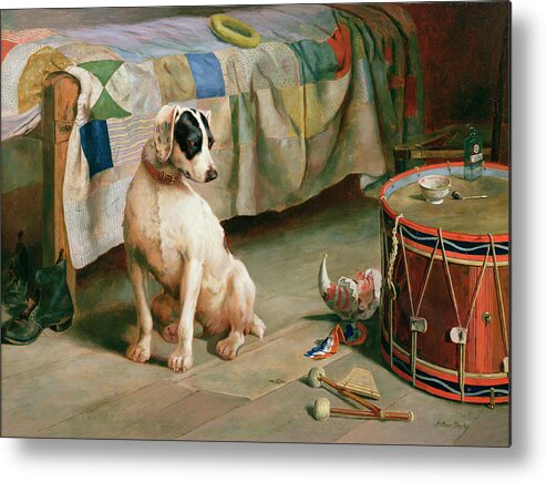 Dog; Collar; Drum; Medicine; Punch; Bedspread; Pipe; Terrier Metal Print featuring the painting Hide and Seek by Arthur Charles Dodd