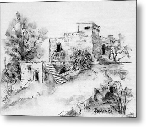 Hirbe Metal Print featuring the painting Hirbe landscape in Afek black and white old building ruins trees bricks and stairs by Rachel Hershkovitz