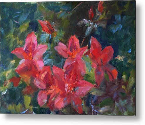 Landscape Metal Print featuring the painting Red Azaleas by Ann Bailey