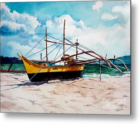 Boat Metal Print featuring the painting Yellow Boat Docking on the Shore by Christopher Shellhammer