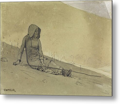 Winslow Homer Metal Print featuring the drawing Girl Seated on a Hillside #2 by Winslow Homer