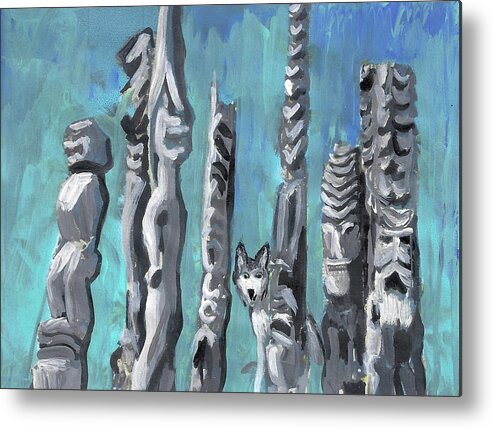 Hawaii Metal Print featuring the painting Hiding with Tikis #1 by Karen Ferrand Carroll