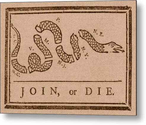 Join Or Die Metal Poster featuring the mixed media Join or Die #2 by War Is Hell Store