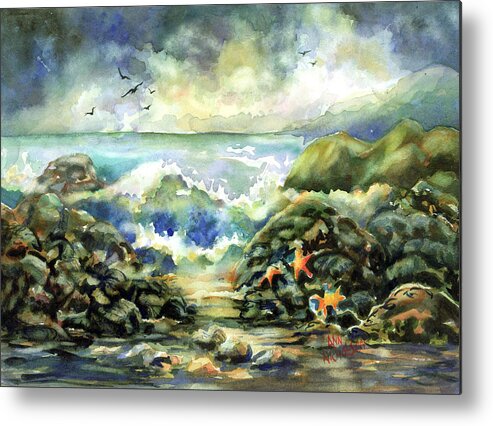 Watercolor Metal Print featuring the painting On The Rocks by Ann Nicholson