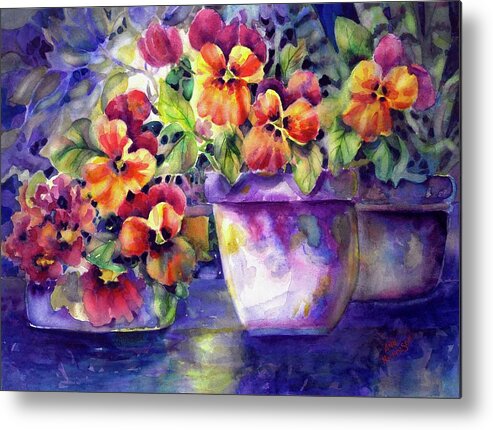 Watercolor Metal Print featuring the painting Patio Pansies #1 by Ann Nicholson
