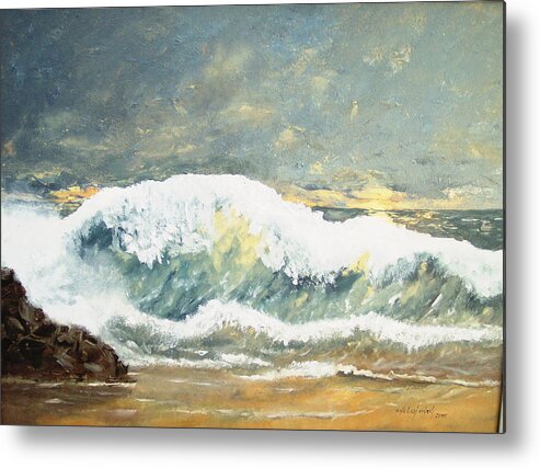 Wild Wave Ocean Beach Shore Coast Seaside Seashore Metal Print featuring the painting Wild Wave #1 by Miroslaw Chelchowski
