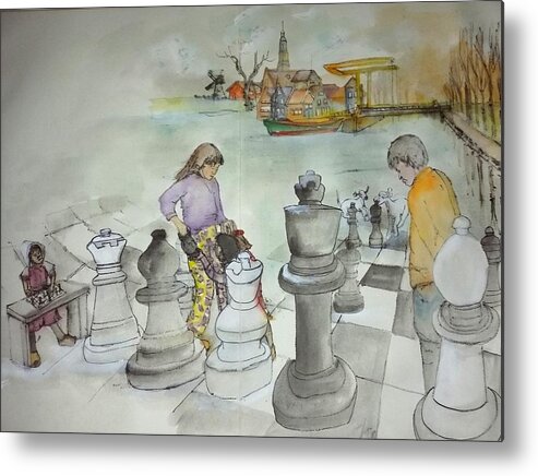 The Netherlands. Cityscape. Landscape. Big Chess. Figures. Metal Print featuring the painting Tulips clogs and windmills album #17 by Debbi Saccomanno Chan