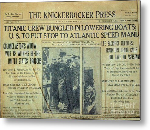 Titanic Newspaper Metal Print featuring the photograph 1912 Titanic Newspaper by Jon Neidert