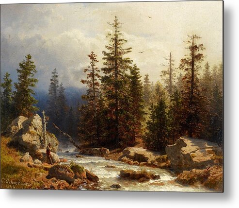 Andreas Achenbach Metal Print featuring the painting Forest Landscape with an Angler #2 by MotionAge Designs