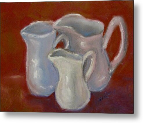 Pitchers Metal Print featuring the pastel 3 White Cream Pitchers by Barbara O'Toole