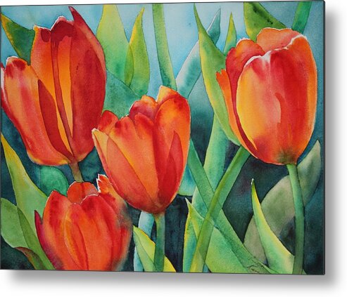Red Flowers Metal Print featuring the painting 4 Red Tulips by Ruth Kamenev